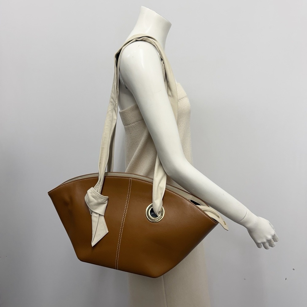 Cafune Leather Shoulder Bag Tan & Khaki Beige Large Gold Metal Rivet Art to Wear